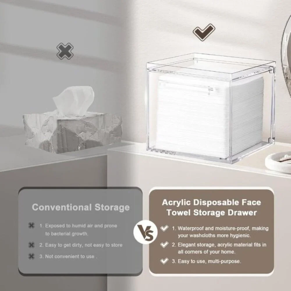 New Clean XL Acrylic Facial Towel Storage Box, Wall-Mount Organizer with Drawer